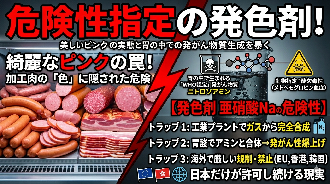 【添加物リスク解説】発色剤「亜硝酸ナトリウム」！EUでは乳幼児に全面禁止という内容の記事のアイキャッチ画像