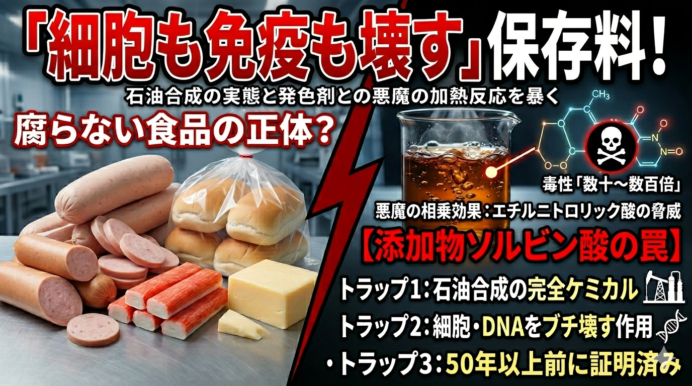 【添加物リスク解説】ソルビン酸（K）の危険性！免疫を壊し発がん性を上げる保存料のブログ記事のアイキャッチ画像