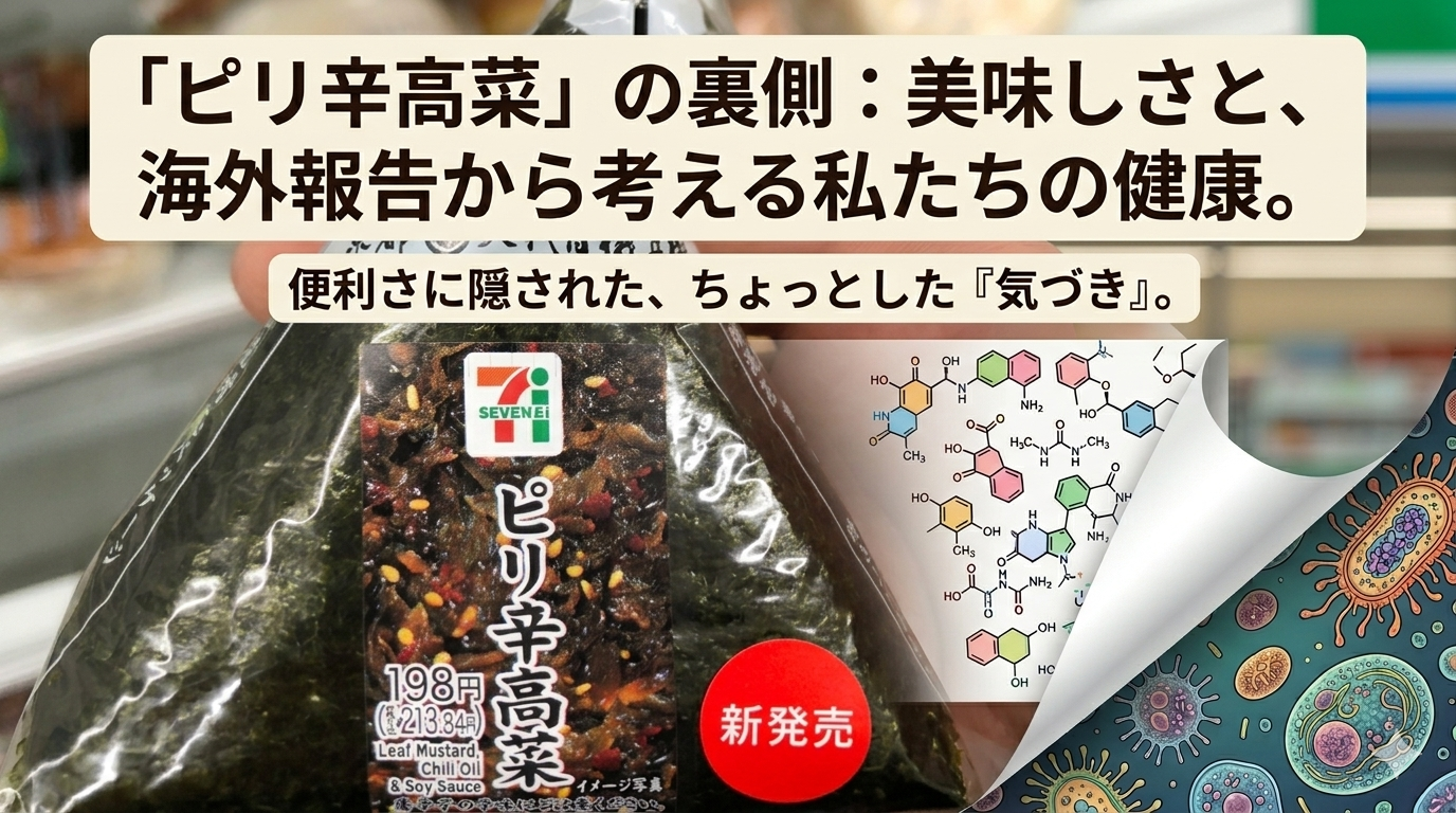 コンビニのピリ辛高菜おにぎりと添加物の化学構造式のイメージ画像。pH調整剤やウコン色素、アミノ酸等など、成分表から読み解く食の安全と海外の規制状況を解説する記事のアイキャッチ。